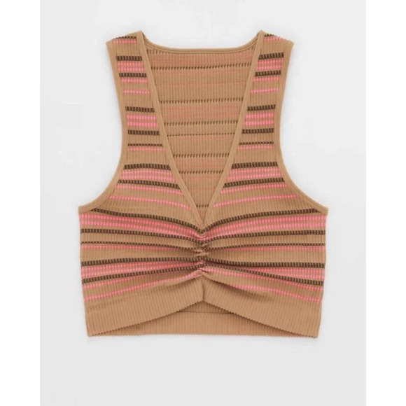 Aerie Superchill Seamless Ruched Bra Crop Tank Top Size Medium M Brown Striped - Picture 4 of 5